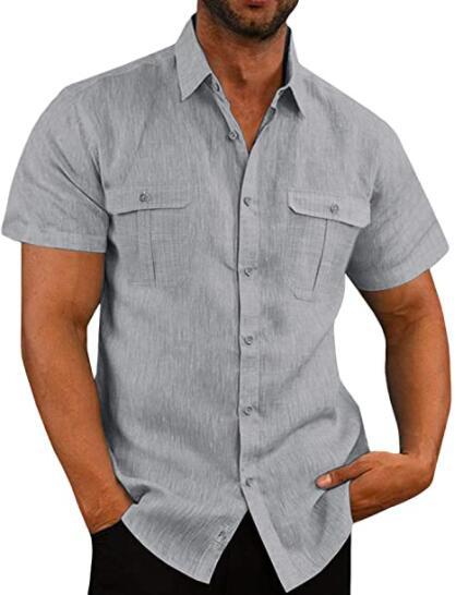 Men’s Casual Cotton Linen Double Pocket Short Sleeve Shirt