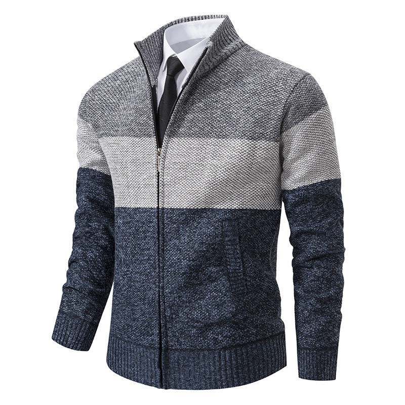 Men’s Color-Blocked Stand Collar Knit Cardigan