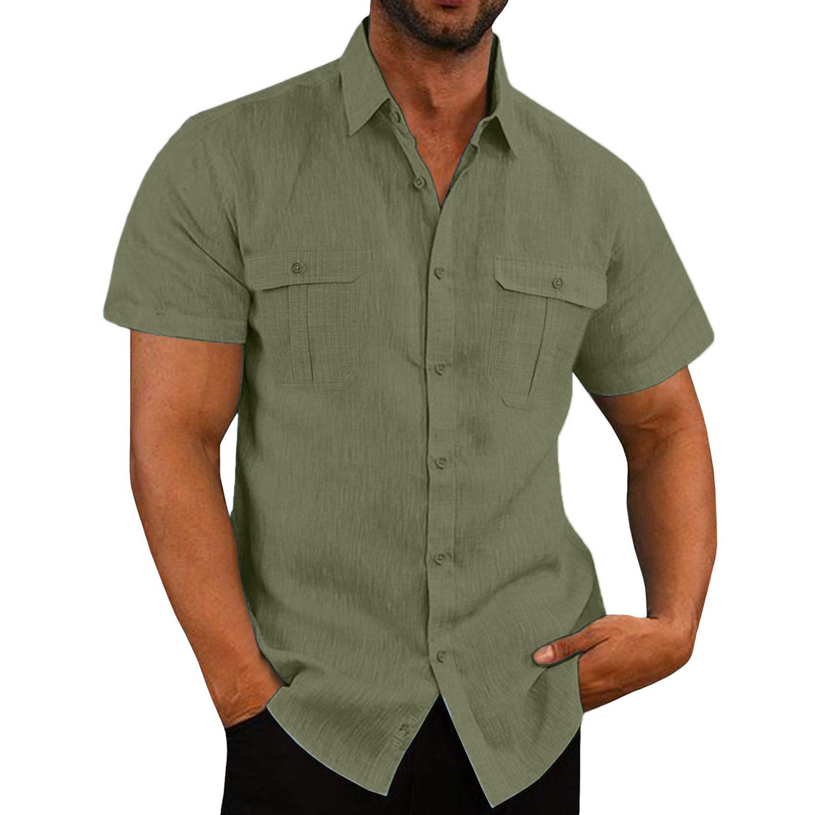 Men’s Casual Cotton Linen Double Pocket Short Sleeve Shirt