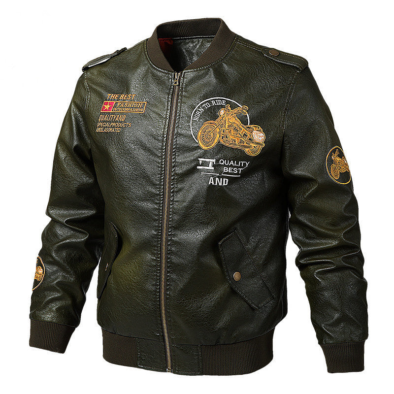 V Neck Casual Motorcycle Style Leather Jacket for Men