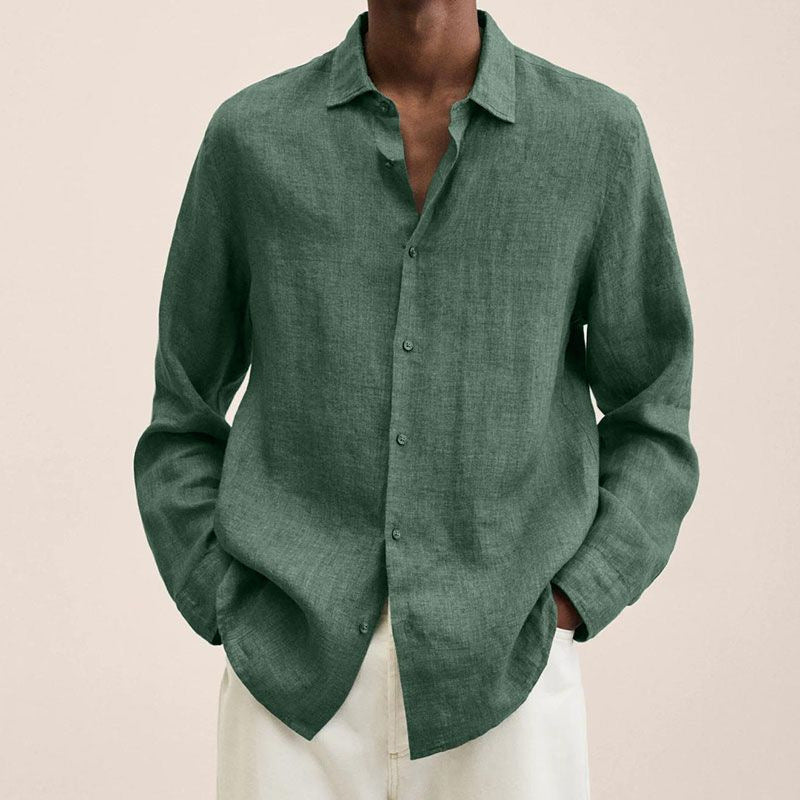 Men’s Cotton Linen V Neck Long Sleeve Shirt