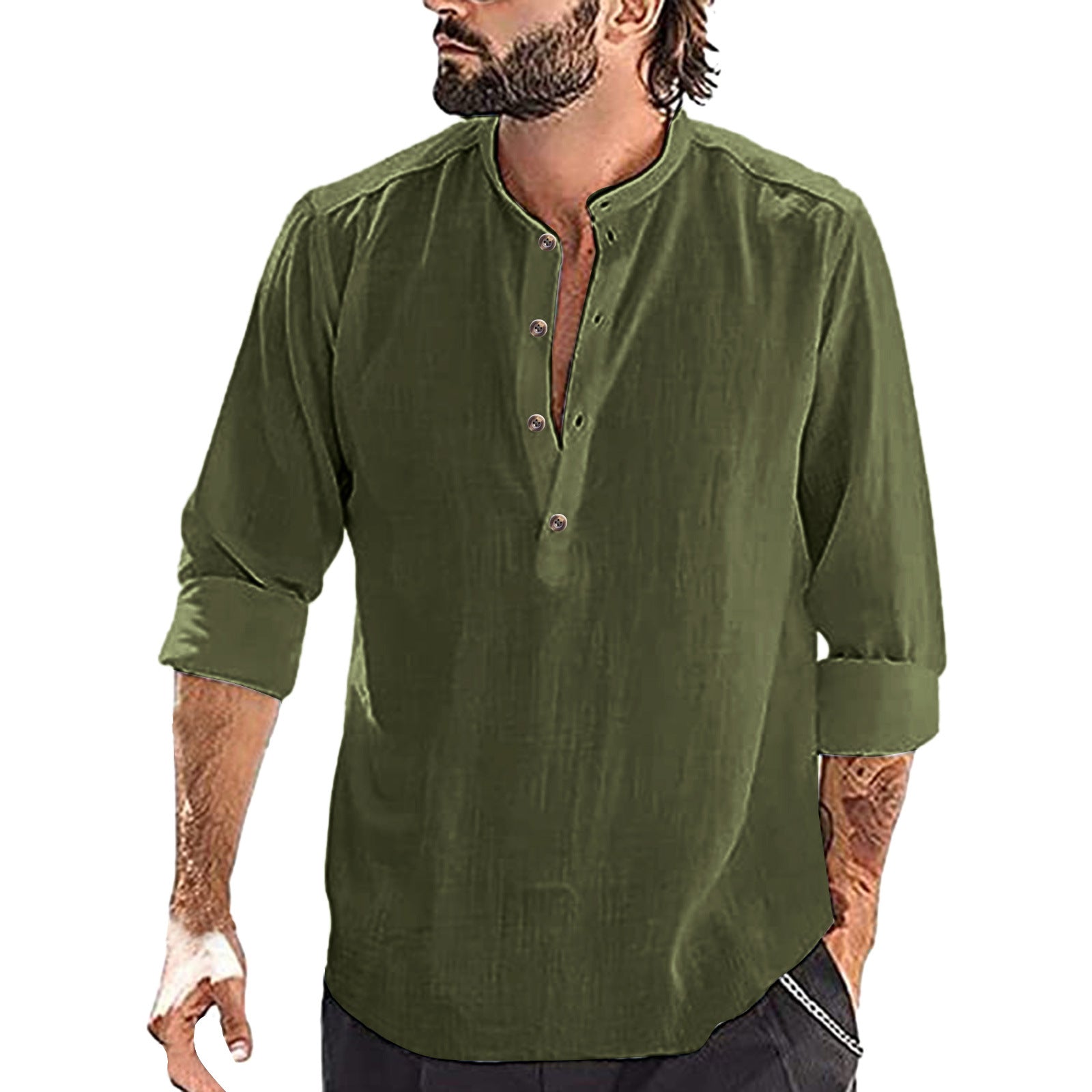 Men’s Stand Collar Cotton Linen Casual Shirt