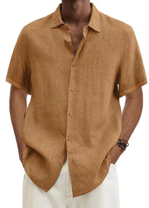Men Cotton Linen V Neck Button Shirt