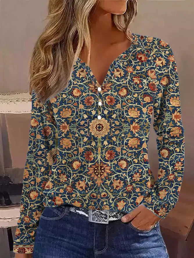 Printed Round Neck Loose Long Sleeve T Shirt