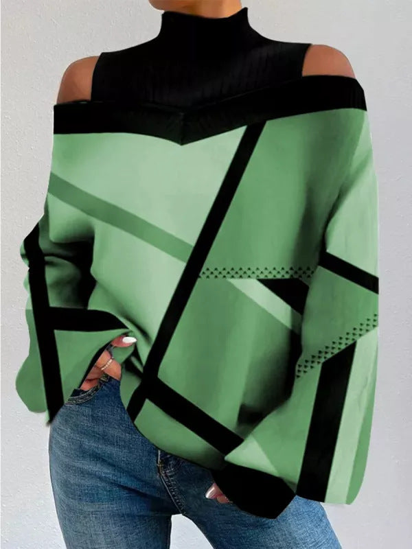 High Collar Open Shoulder Geometric Print Loose T Shirt
