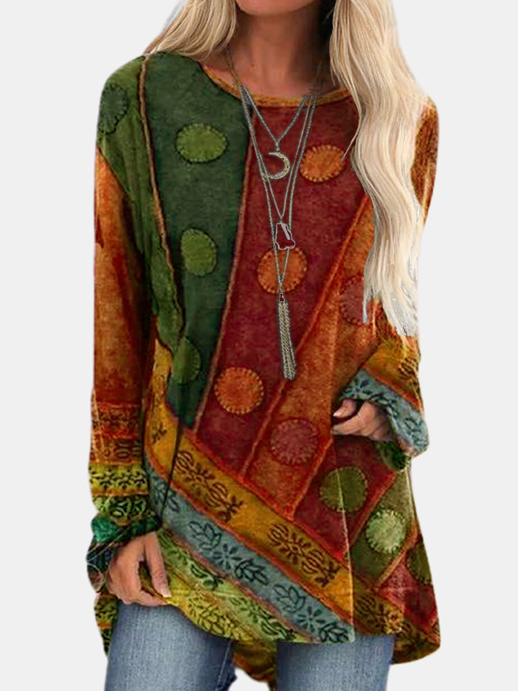 Retro Printed Round Neck Long Sleeve T Shirt