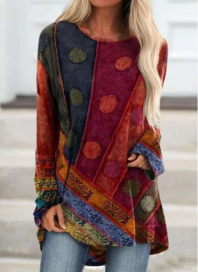 Retro Printed Round Neck Long Sleeve T Shirt