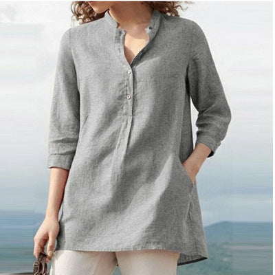 Solid Color Cotton Linen Seven-Point Sleeve Pullover