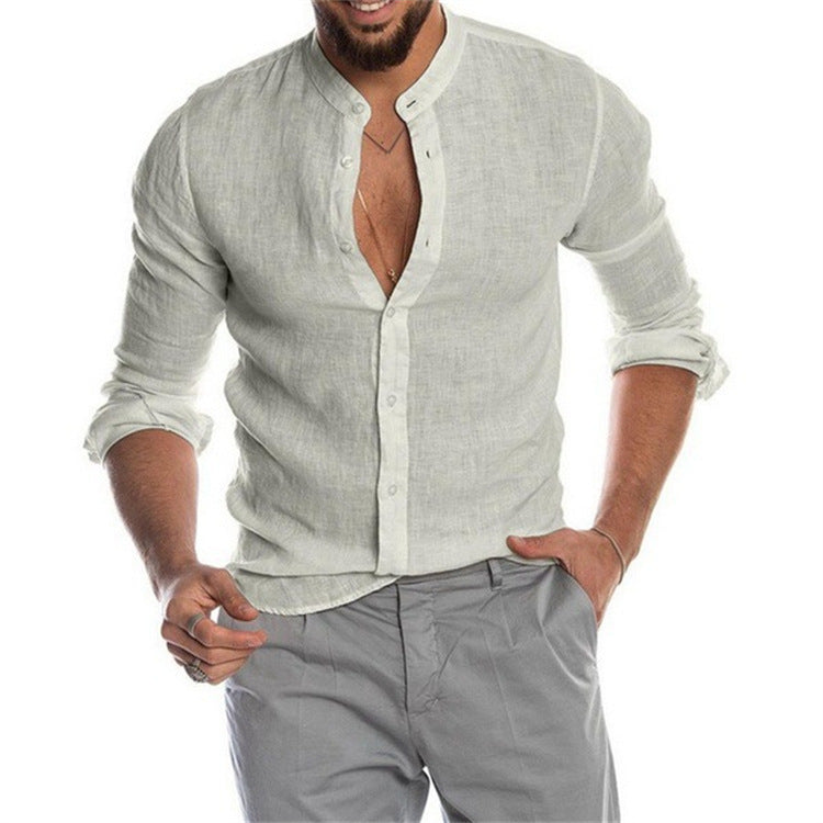 Men’s Solid Linen Stand Collar Long Sleeve Shirt