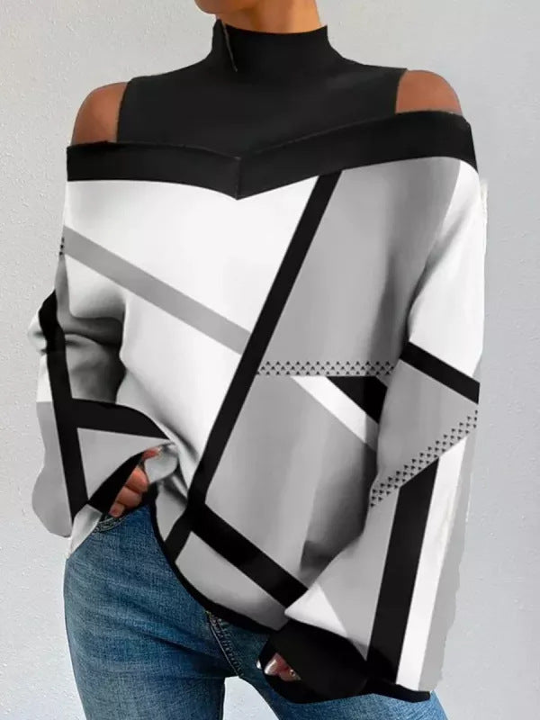 High Collar Open Shoulder Geometric Print Loose T Shirt