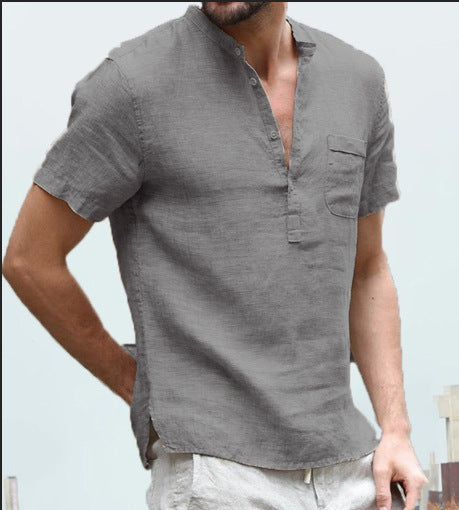 Minimalist Cotton Linen Stand Collar Buckle Short Sleeve Shirt