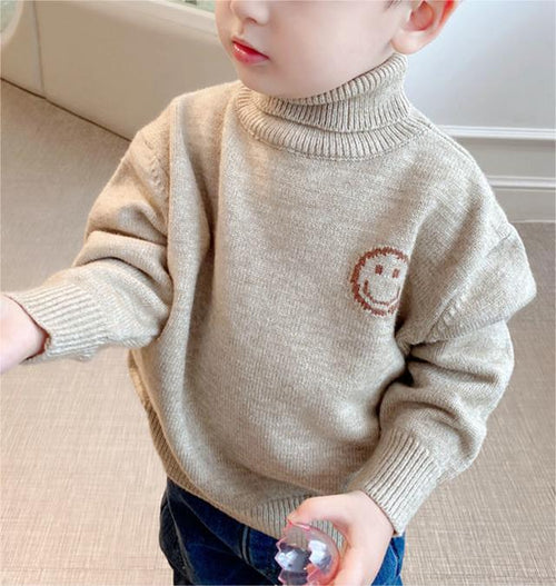 Cozy High Collar Smiling Face Knit Pullover for Kids