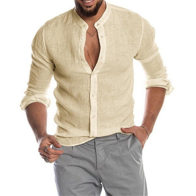 Men’s Solid Linen Stand Collar Long Sleeve Shirt