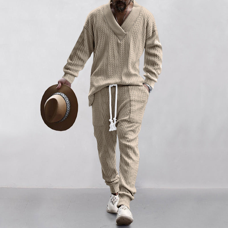 Versatile Jacquard V-Neck Knitwear and Casual Trousers Set
