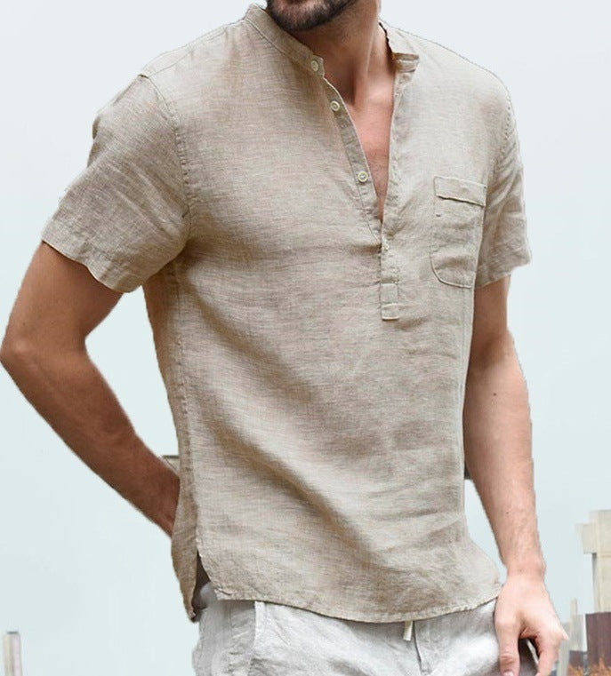 Minimalist Cotton Linen Stand Collar Buckle Short Sleeve Shirt