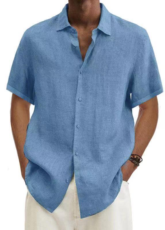 Men Cotton Linen V Neck Button Shirt