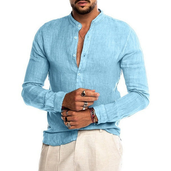 Men’s Solid Linen Stand Collar Long Sleeve Shirt