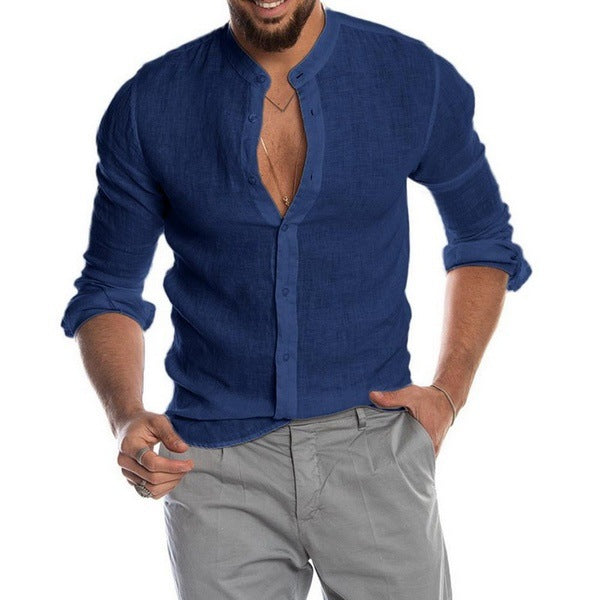Men’s Stand Collar Linen V Neck Long Sleeve Shirt