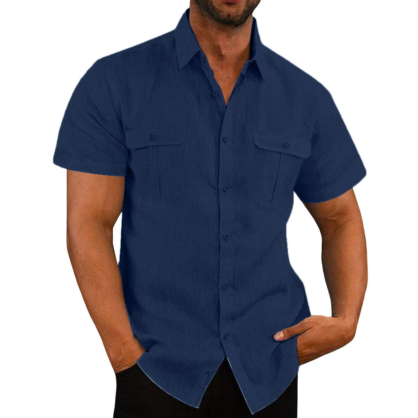 Men Double Pocket Cotton Linen Casual Shirt