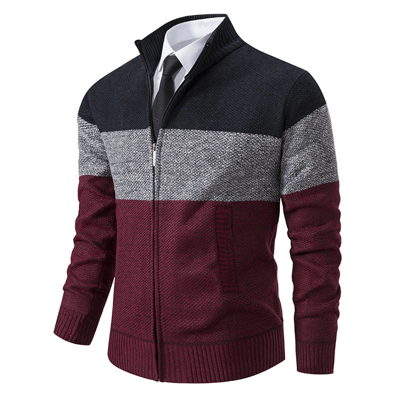 Men’s Color-Blocked Stand Collar Knit Cardigan