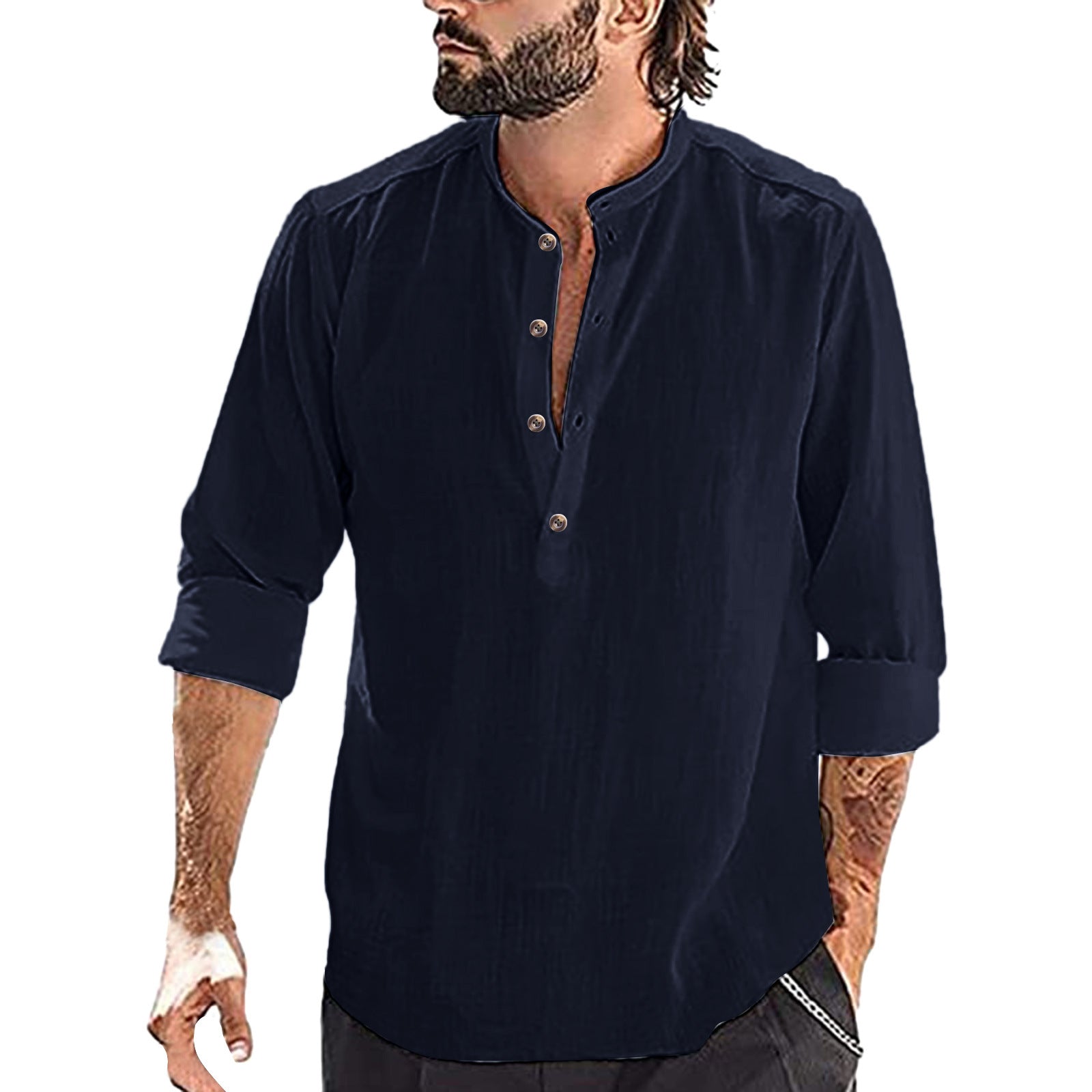 Men’s Stand Collar Cotton Linen Casual Shirt