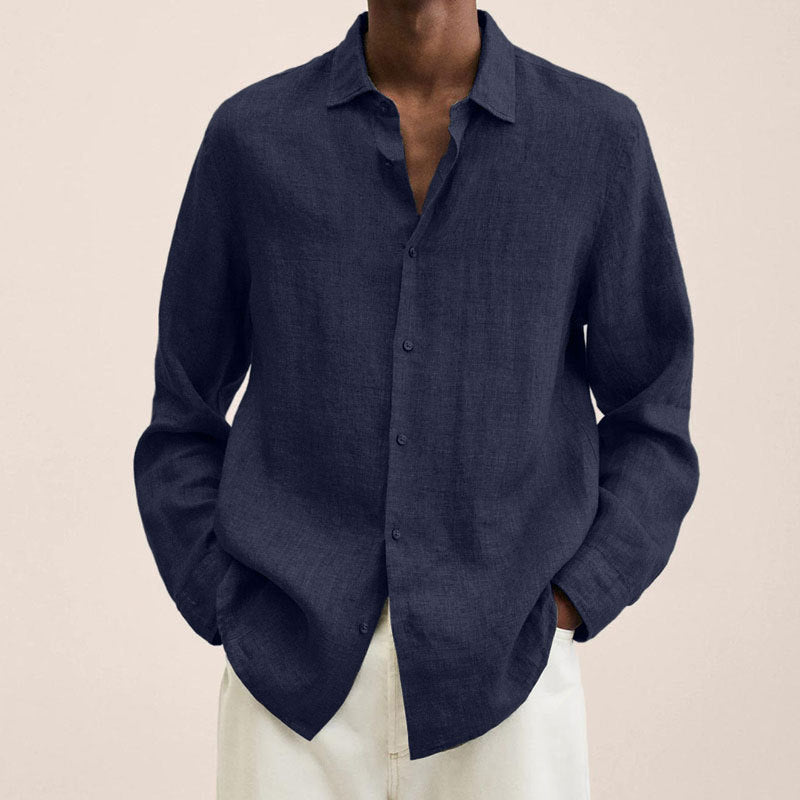 Men’s Cotton Linen V Neck Long Sleeve Shirt