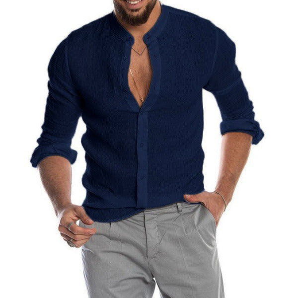 Men’s Solid Linen Stand Collar Long Sleeve Shirt