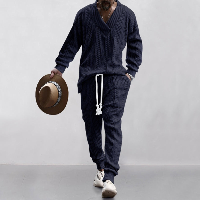 Versatile Jacquard V-Neck Knitwear and Casual Trousers Set