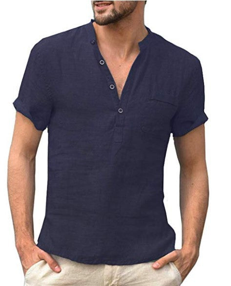 Minimalist Cotton Linen Stand Collar Buckle Short Sleeve Shirt