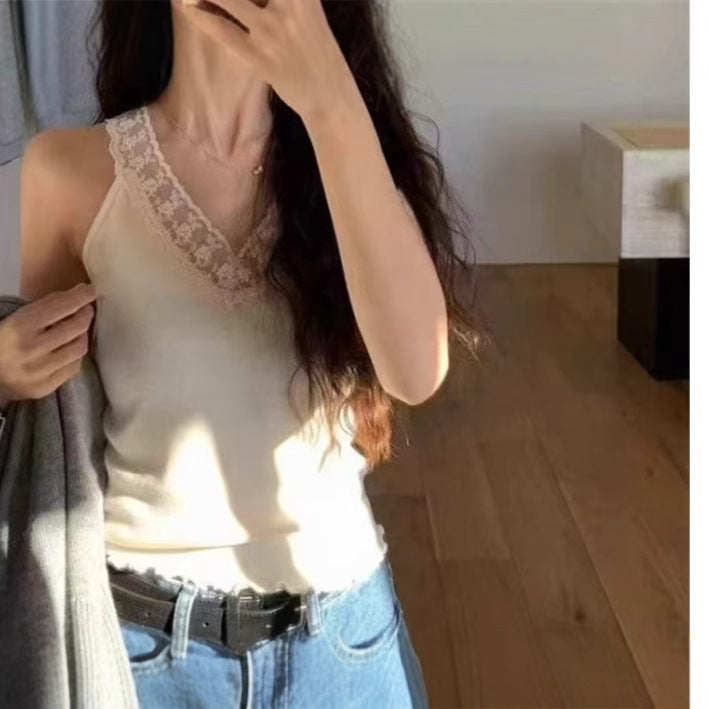 Women's Spring & Summer French Sweet Style Knitted Vest - V-Neck Lace Trim Slim Fit Sleeveless Top