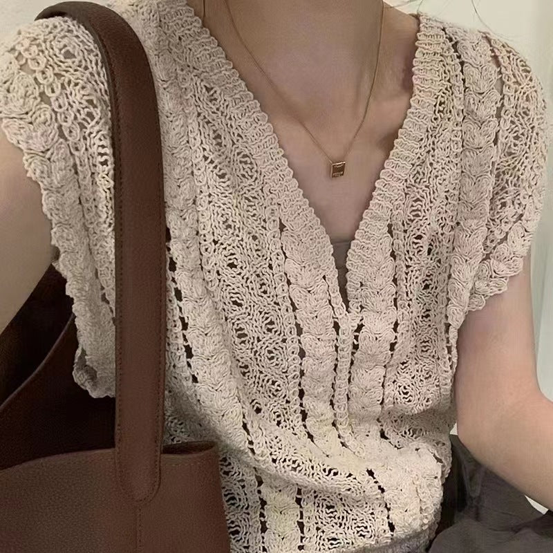 Hollow Crochet V-Neck Vest Sweater - Women's Summer 2025