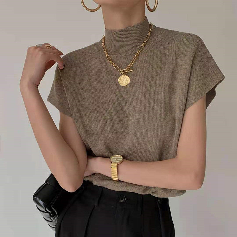 2025 New Women's Knitted Vest - Half Turtleneck Waistcoat Style, Loose Short-Sleeved Summer Top
