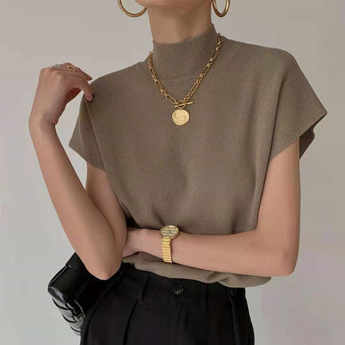 2025 New Women's Knitted Vest - Half Turtleneck Waistcoat Style, Loose Short-Sleeved Summer Top