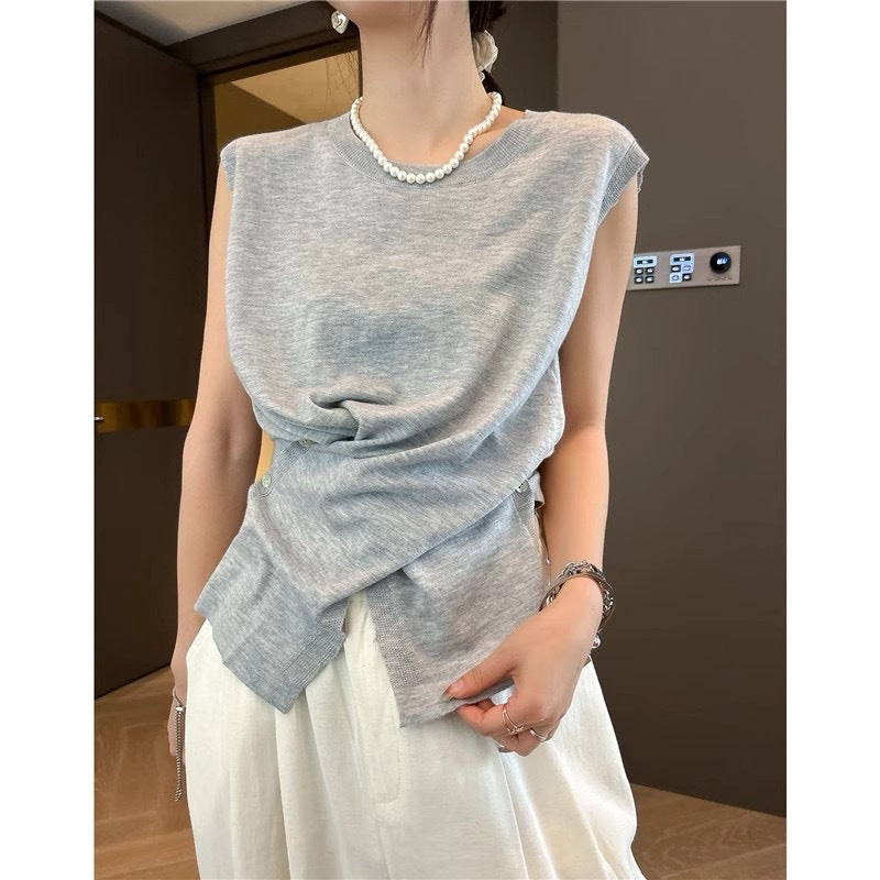 Summer 2025 Women's Light Knit Sleeveless Vest - Irregular Hem, Round Neck, Elegant Casual Style