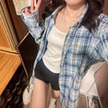 Women's Blue Thin Plaid Shirt - Spring Lazy Style Long Sleeve Top