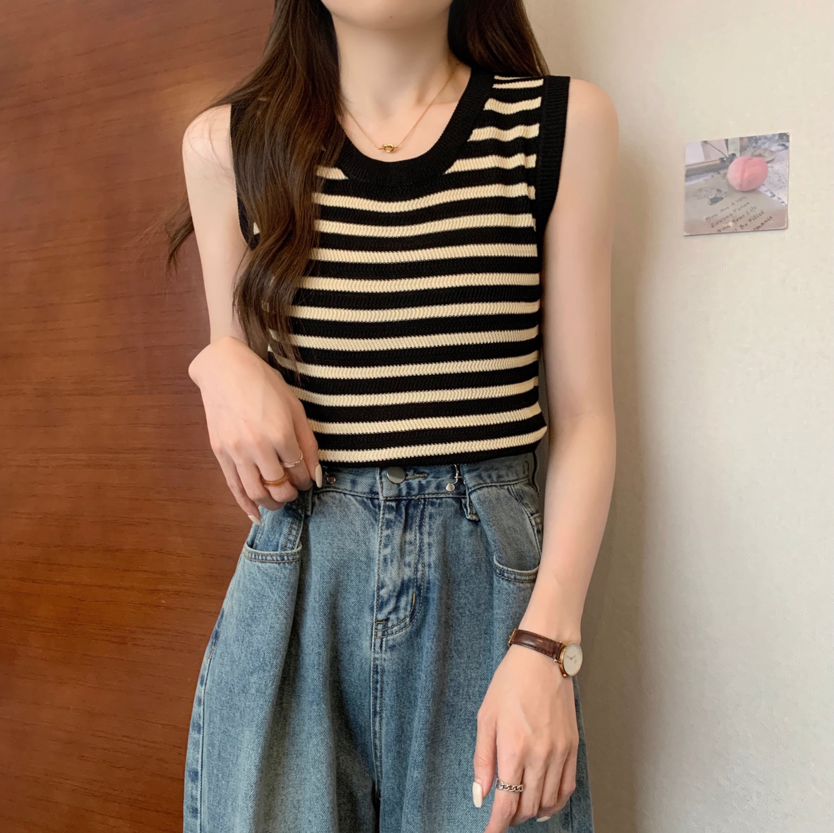 Plus-Size Striped Camisole Vest - Slimming Summer Sleeveless Knit Top (Fat MM)