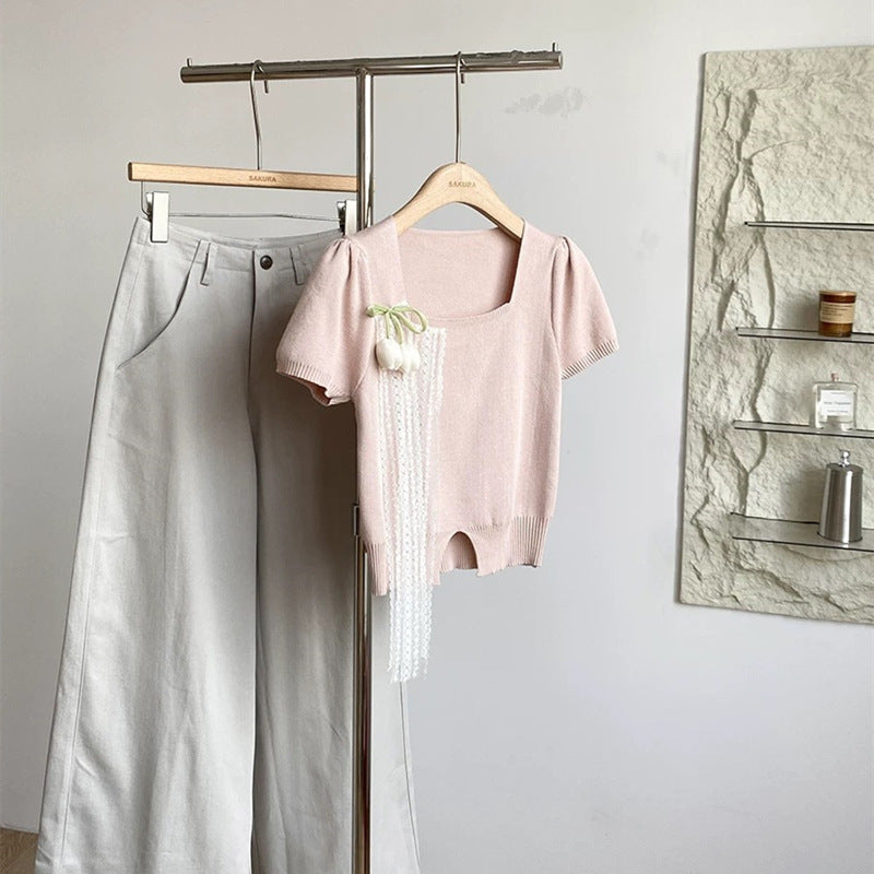 2025 Summer French Pure Desire Knit Flower Top