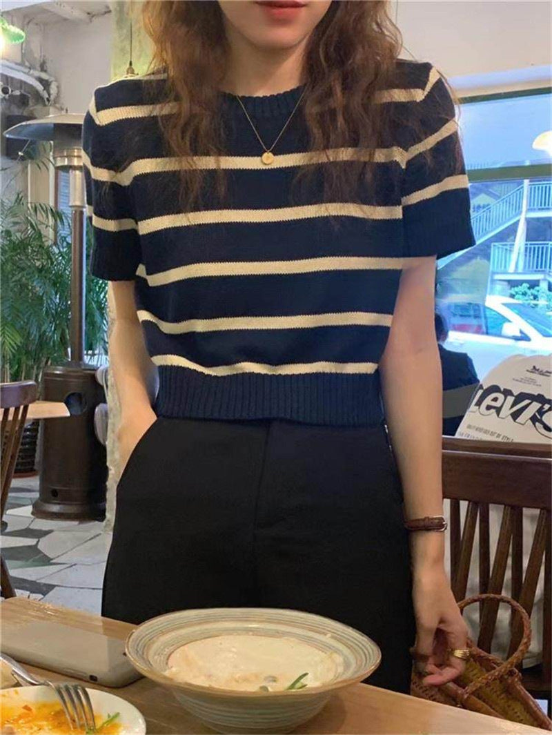 Short Striped Knitted T-Shirt for Women - New Summer Style