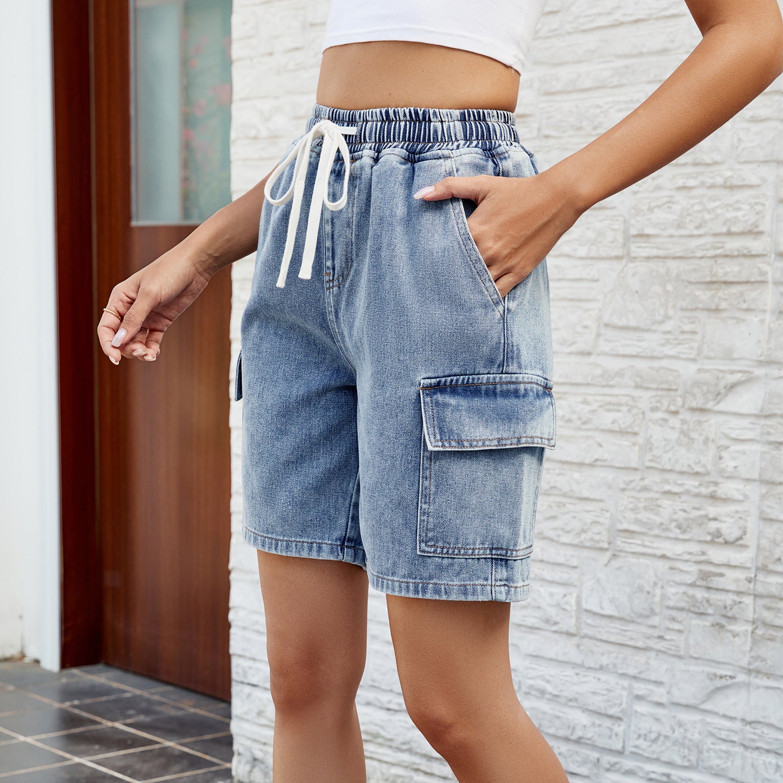 Women's Spring & Summer Lace Trim Elastic Waist Denim Shorts - Casual Five-Point Length