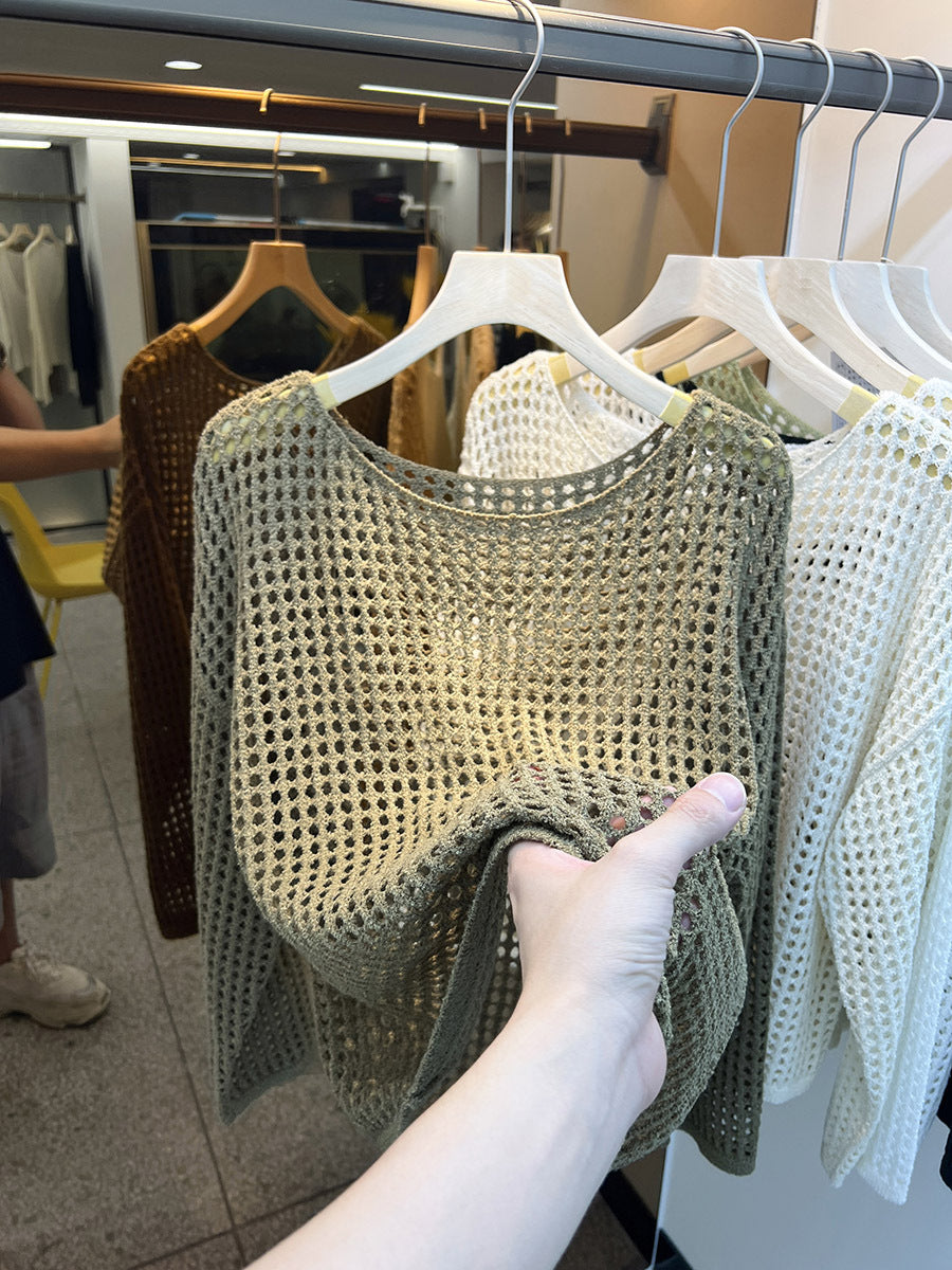 Women's Summer Long-Sleeve Hollow Knitted Mesh Shirt - Lightweight Sheer Sunscreen Blouse.