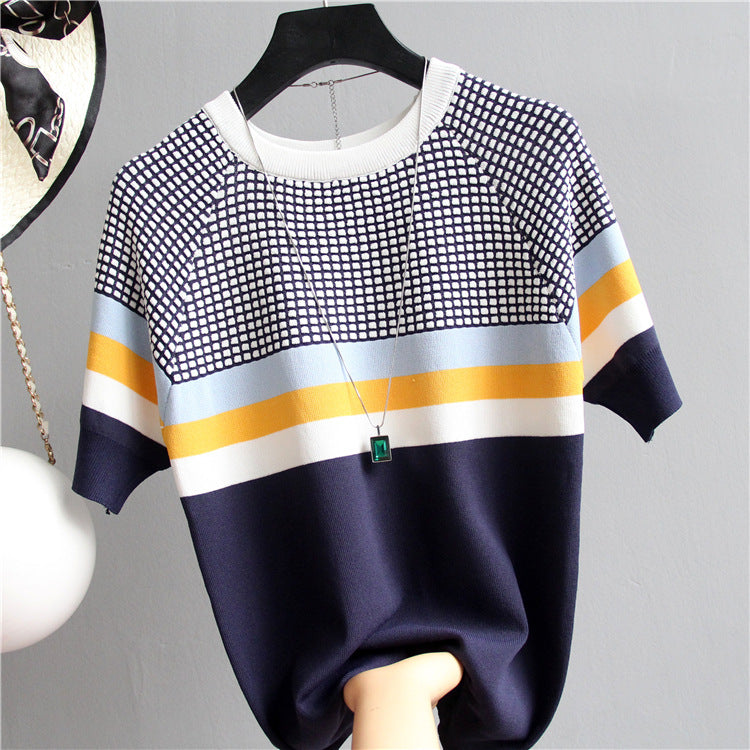 Women's Slim Fit Contrast Color Knit Pullover T-Shirt - Short Sleeve