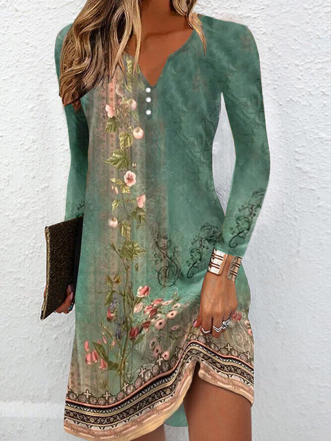 Autumn Women's Long-Sleeved V-Neck Irregular Hem Button Dress – Elegant & Casual Style