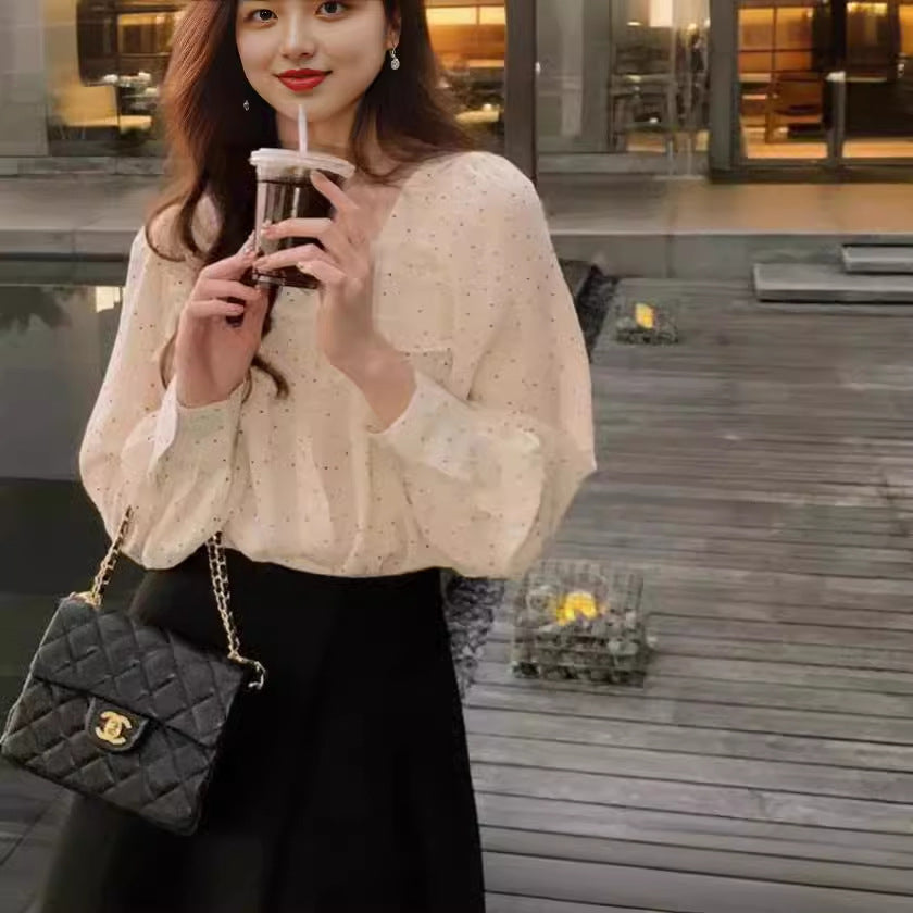 Spring Polka Dot Ruffled Blouse - Sweet Lace/Chiffon Long Sleeve Shirt for Women