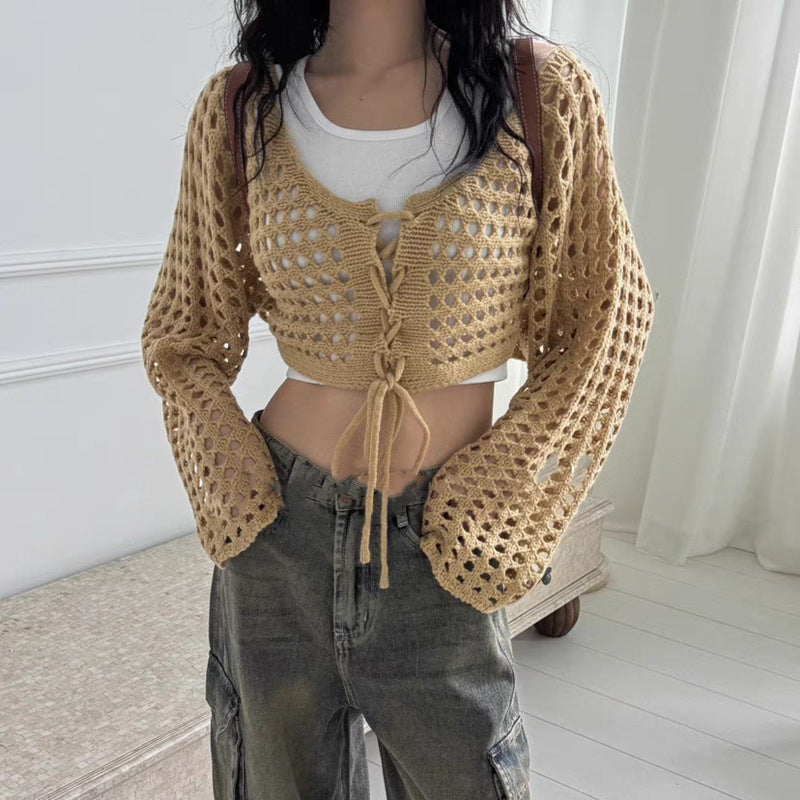 Women's Lace-Up Short Slim Pullover Knitted Sweater - 2025 Spring & Autumn Collection