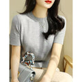 Women's Summer Knitted T-Shirt - Short Sleeve Slim Fit Top with Half-High Collar