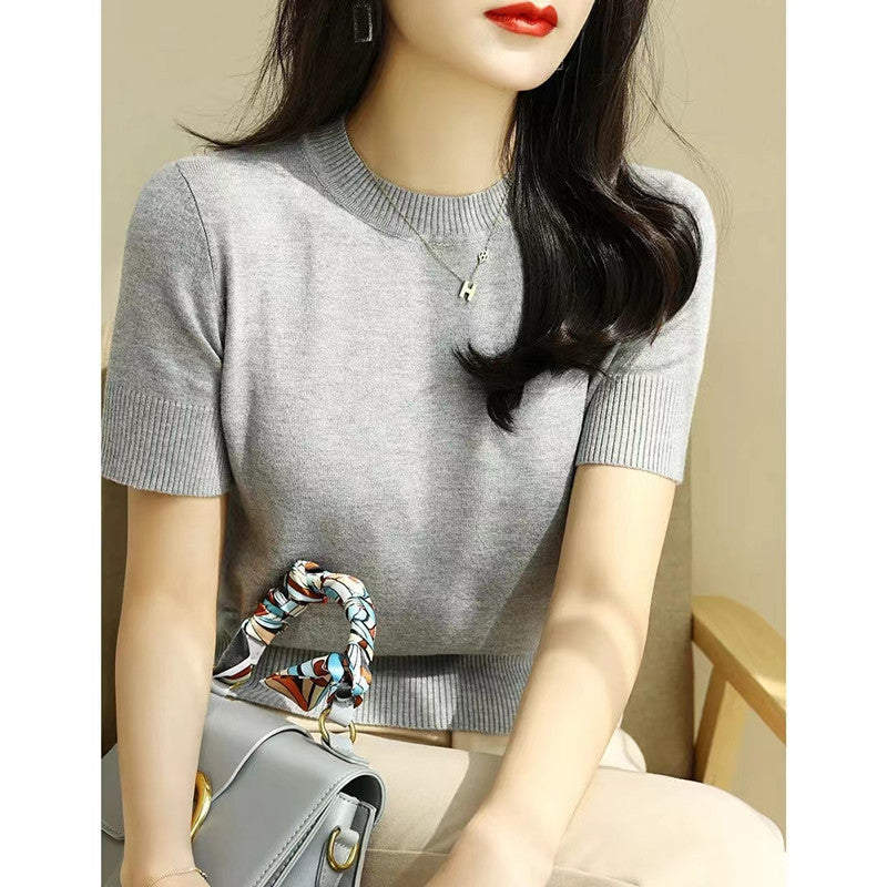 Women's Summer Knitted T-Shirt - Short Sleeve Slim Fit Top with Half-High Collar