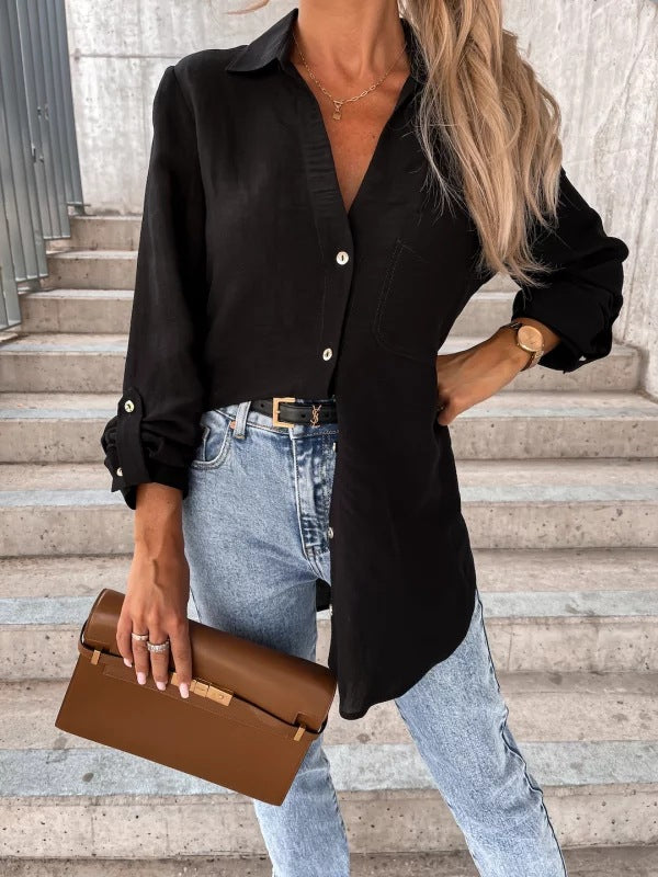 Women's Autumn Solid Color V-Neck Button Lapel Shirt