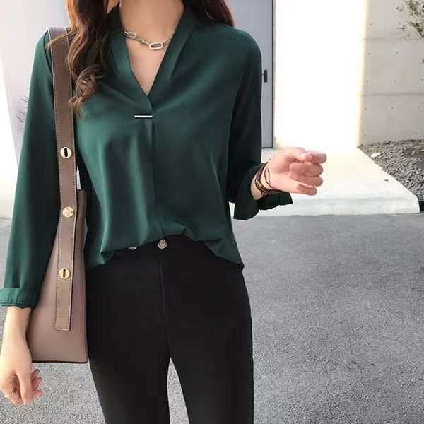 Gentle Style V-Neck Blouse - Elegant Long-Sleeve Top for Spring & Autumn