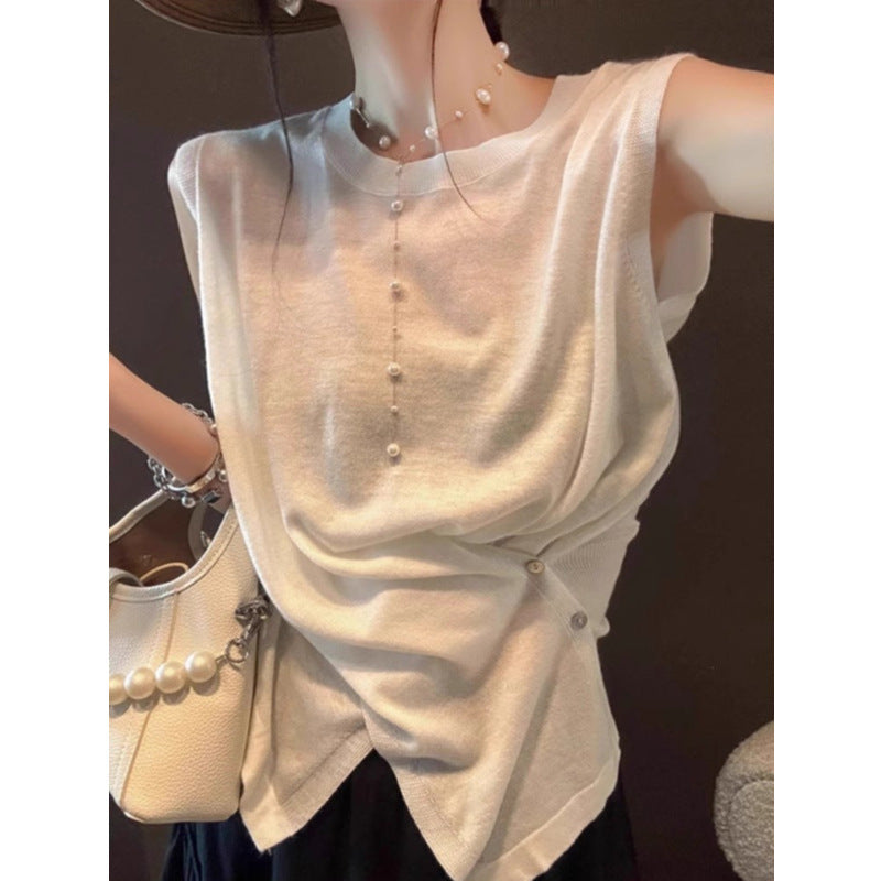Summer 2025 Women's Light Knit Sleeveless Vest - Irregular Hem, Round Neck, Elegant Casual Style