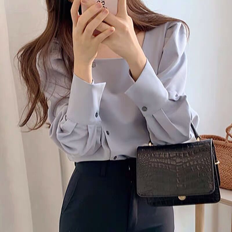 2025 Gentle & Elegant Square Collar Lantern Sleeve Shirt - Clavicle-Revealing Charm Meets Refined Versatility